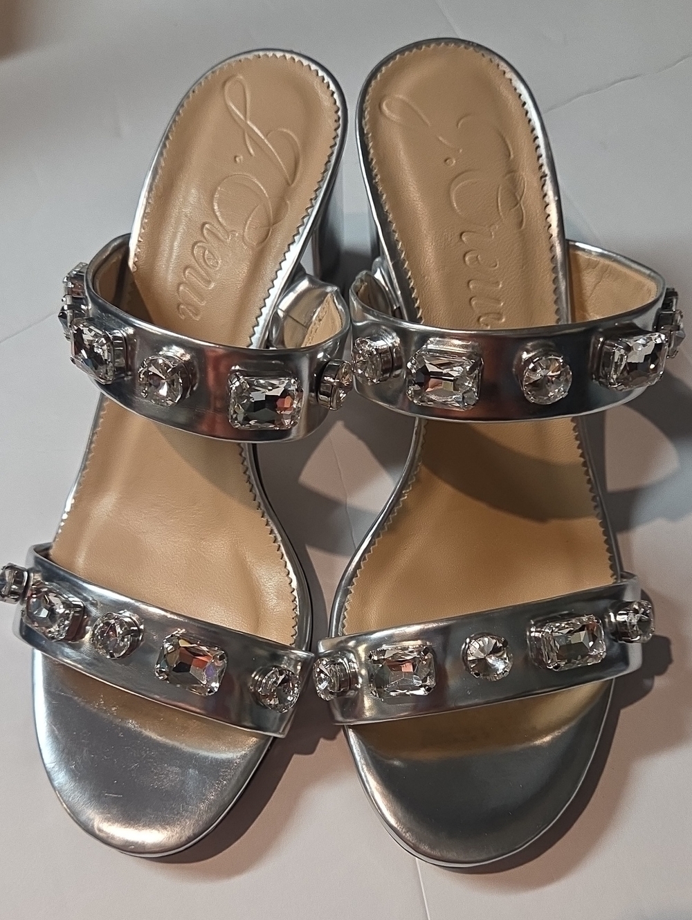 J. Crew Silver Jeweled Slide Sandals NWOT